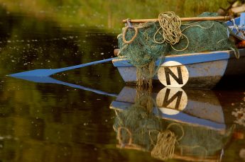 a traditional wooden rowing boat or coble has a pile of green and brown nets heaped on the bow. The boat is reflected in the still water of the river with a grassy bank in the background. There is a large letter N on the side of the boat. 