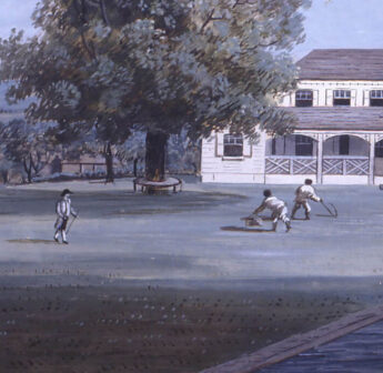 An 18th century watercolour painting shows a gentleman dressed in black breeches with a black hat and cane walking beneath the spreading branches of a mature tree toward a group of enslaved people dressed in white shirts and breeches engaged in gardening work. To the rear right of the painting is the plantation house, two stories with a verandah.