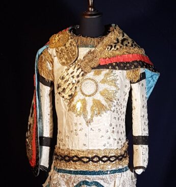 A fancy dress costume in silver silk embroidered with gold and pearls. This was worn by Patrick Home at the famous Berline Carousel in 1750