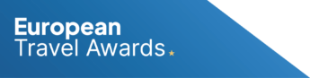 Logo of the European Travel Awards; a trapezium in mid blue with white title reversed out