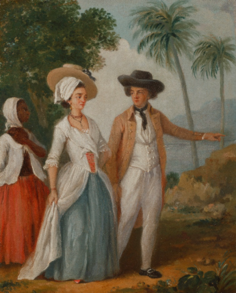 A painting shows a man on the right clean shaven wearing a broad brimmed black hat. His frock coat is yellowish tan over white cotton trousers, shirt and double breasted waistcoat. His neckerchief is black and loosely tied. He gestures towards a landscape which feature palm teas, a blue bay and dry scrub. He walk beside a lady who wears a broad brimmed straw hat over a cotton turban which largely obscures her hair. she wears large pearl drop earrings, tow rows of brown beads and a pendant necklace. Her dress is lace trimmed white cotton with a blue underskirt and red lacing on the front of the fitted bodice. She holds back the dress with one hand, which has a double beaded bracelet, to show the underskirt. The tip on one red shoe pokes out below the skirt. Behind her walks a black maid in a white cotton kerchief and loose short wrapper with a red flannel skirt. The two principals are looking towards each other, the maid looks off to the side behind them with her left hand raised to her throat.