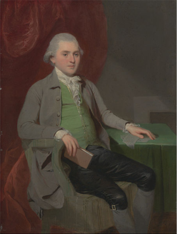 A Georgian gentleman sits in an armchair looking towards us. His hair is powdered and he is wearing a grey frock coat over a green waistcoat with his ruffled necktie showing at the neck. His breeches are black fastened with a jewelled buckle above grey hose. His arm rests lightly on the right hand arm of the chair with a book loosely held in his hand. His left hand rests on a spider leg table covered in a green cloth. A portrait of an unknown man pained around 1780 by John Downman now in the Yale Centre for British Art, part of the Paul Mellon collection. 