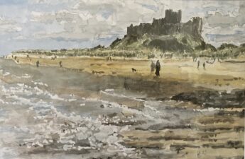 A watercolour in soft greys and greens of two people walking on the beach at Bamburgh Castle. The foreground is rocky although the walkers are on a yellow strip of sand with the dark walls of the castle rising like a cliff in the background.