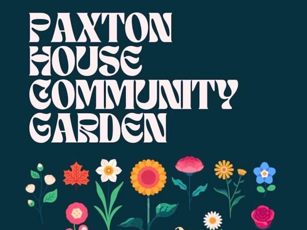 Title reads Paxton House community garden in white out of a dark blue background. Below are multiple multi-coloured images of power heads, autumn leaves all glowing out of the background.