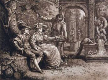 A septa engraving of a couple in eighteenth century dress stilling beside each other on a bench in a garden. Leaning over them is an African servant dressed in similarly rich clothing.