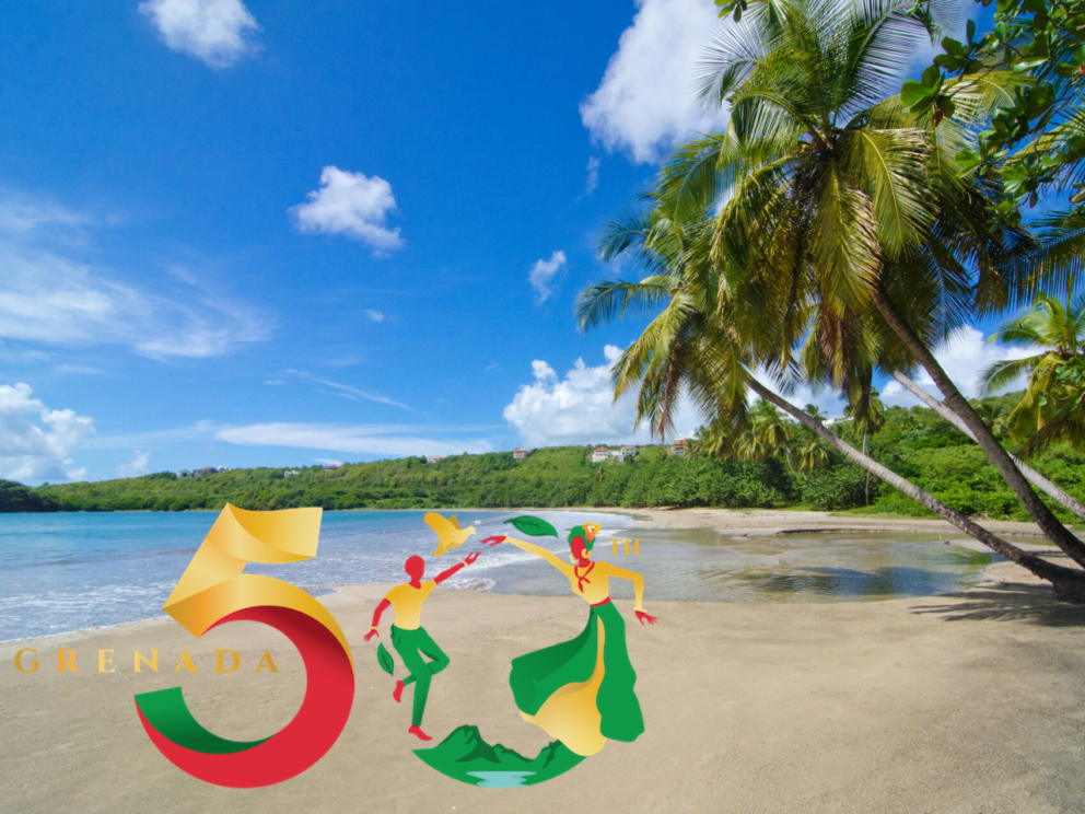 A gorgeous view of golden sands fringed with palm tress on the Caribbean island of Grenada. Overlaid is a colourful log to celebrate Grenada's 50th anniversary of independence featuring two stylised dancers forming a circle for the zero. The key is bright blue and the land is heavily forested and scattered with red roofed houses.