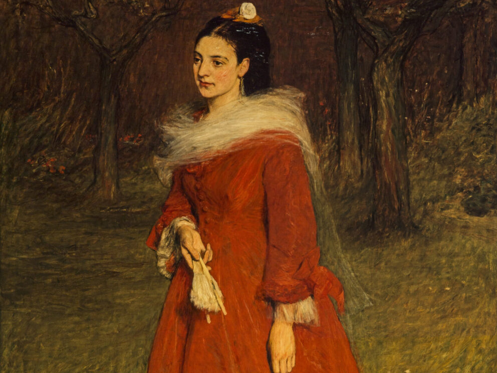 A dark haired woman in a red coat holds a fan. She is looking down to the viewer's left. Her hair is up decorated with a white flower. This is Ellen Moxon in the year before her marriage to the painter, William Quiller Orchardson.