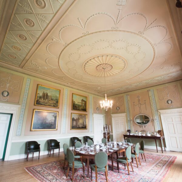 Image of the dining room. Chippendale furniture commissioned by Ninian for Paxton House. Ceiling by Robert Adam commissioned by Ninian for Paxton House