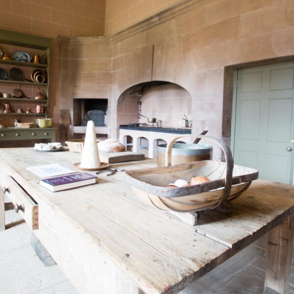 Old Kitchen at Paxton House, shows pastry oven, hobs, table and pots and pans