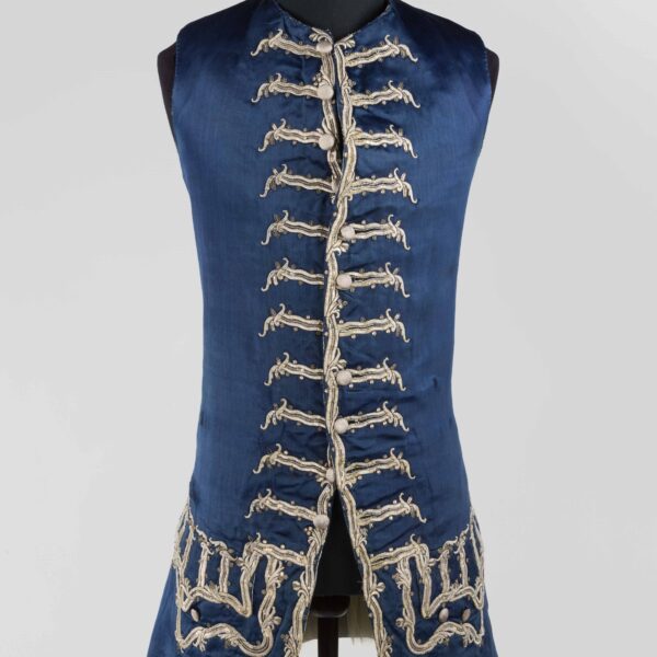 Blue silk waistcoat with silver embroidery and detailing at Paxton House