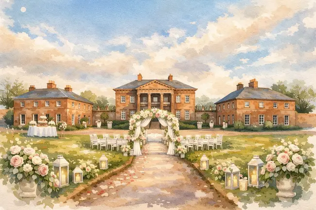 Illustration showing a floral wedding arch in front of Paxton House